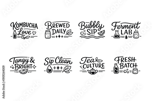Hand-drawn kombucha labels: artistic designs with whimsical typography and illustrations
