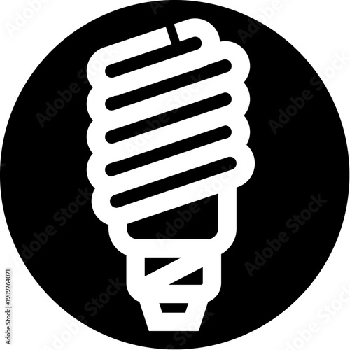 Compact fluorescent spiral bulb silhouette inside a black circle, minimalist icon representing energy efficiency, sustainable technology, innovation and eco friendly lighting