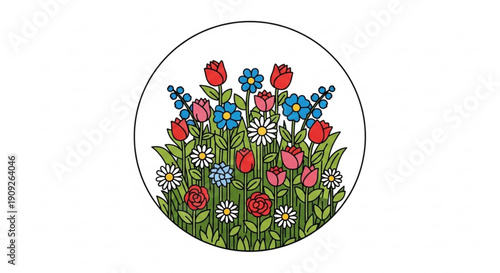 Colorful bouquet of tulips roses daisies and forget me nots in a circular floral arrangement