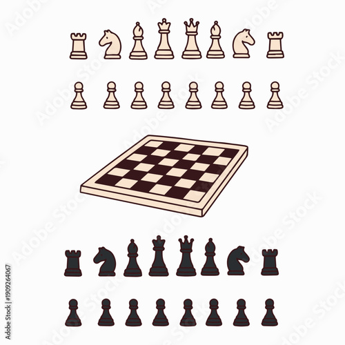 Chess pieces and board vector illustration showcasing a complete setup with black and white pieces, including kings, queens, knights, and pawns, ready for a strategic game.