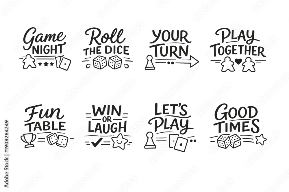 Obraz premium Game night phrases with dice and game icons in black and white