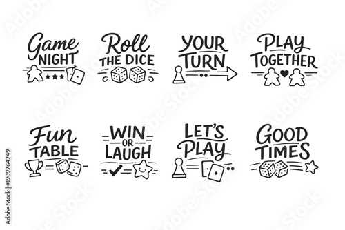 Game night phrases with dice and game icons in black and white
