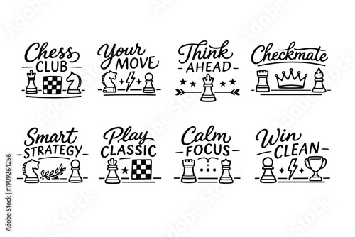 Chess motivation icons set with knights, kings, and strategy symbols