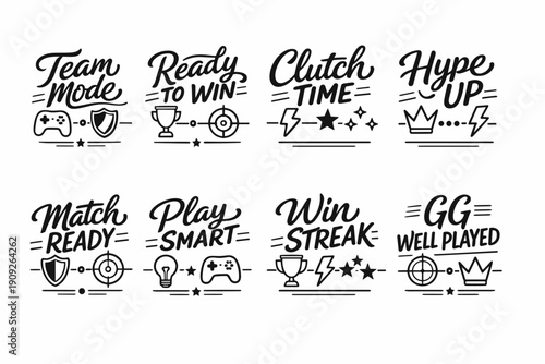 Gaming phrases and icons collection: controllers, shields, trophies