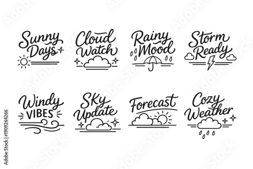 Hand-drawn weather icons set with sunny, cloudy, rainy, stormy, windy, sky update, forecast, cozy weather