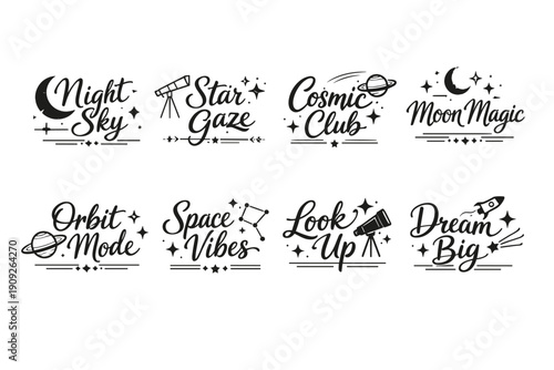 Celestial themed typography: night sky, star gaze, cosmic club, moon magic