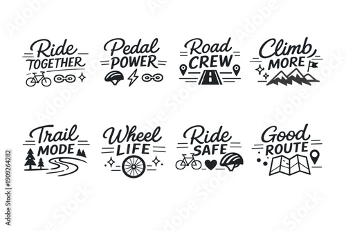 Cycling adventure and safety illustrations with motivational slogans