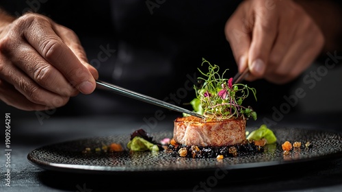 Chef finishing plating a delicious dish on a dark background.