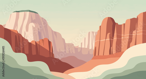 A serene desert landscape with layered rock formations under a pale sky