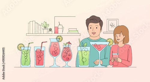 A man and woman enjoy colorful cocktails in a cozy room