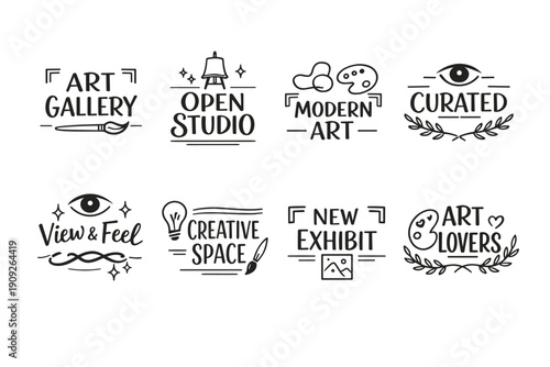 Creative art logos: gallery, studio, modern, curated, view, exhibit