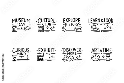 Museum themed line art icons featuring culture and curiosity elements