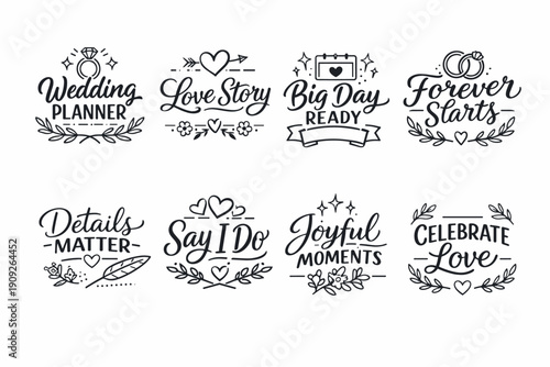 Wedding planner icons: love story, big day, forever starts, joyful moments, celebrate love