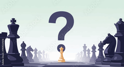A large question mark hovers above a lone golden queen, surrounded by blurred chess pieces