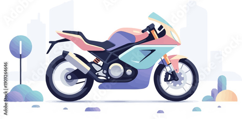A pastel-colored racing motorcycle is parked in front of a stylized city skyline