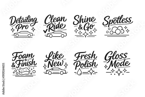 Car wash service icons collection with stylish text and graphics