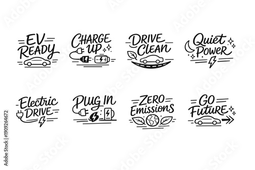 Eco-friendly electric vehicle icons and slogans on sustainability
