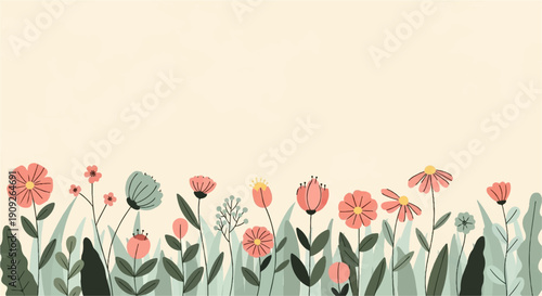 A pastel-toned illustration of various flowers and foliage against a light cream background