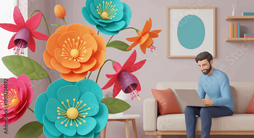 A man on a couch works on a laptop surrounded by colorful paper flowers