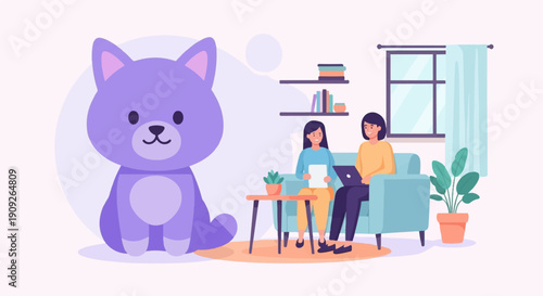 A large cartoon purple dog sits in the foreground, with two women in a living room setting behind it