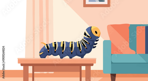 A large, blue and yellow caterpillar walks on a wooden table in a room