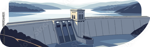 A massive concrete dam with a control tower holds back a calm body of water