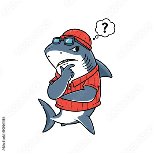 Confused cartoon shark wearing red hat and sunglasses thinking with question mark