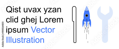 Product development, innovation, space exploration, technology tools, creativity, futuristic ideas. Placeholder text alongside a blue rocket and wrench symbol. Innovation and technology tools concept
