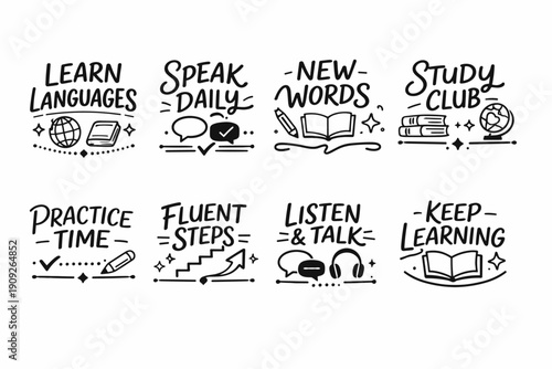 Bilingual learning prompts: language study, speak daily, new words, practice time, fluent steps