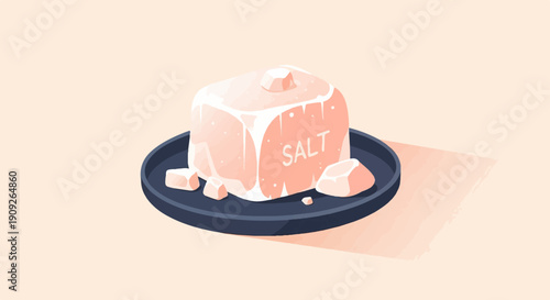 A large block of pinkish salt sits on a dark plate with smaller chunks
