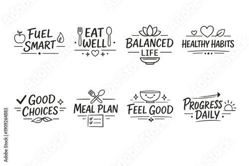 Motivational health icons promoting balanced living and nutrition