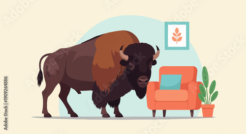 A large bison stands inside a cozy room with a chair and plant