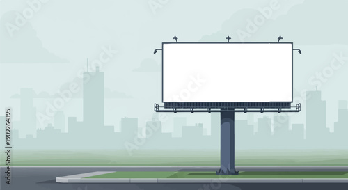 A large, blank billboard stands tall against a hazy city skyline backdrop