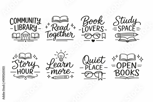 Library typography designs: reading, study, learning, books, community