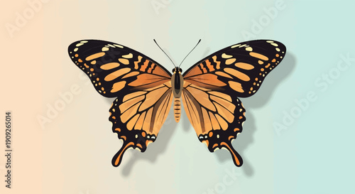 A monarch butterfly with spread wings rests against a soft, gradient background