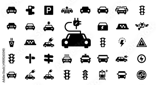 Electric car and traffic icon set – EV charging, parking, transport vector icons