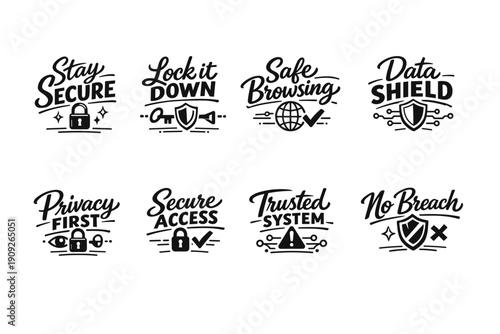 Cybersecurity phrases with icons: secure browsing and data protection