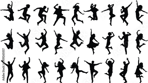 Jumping people silhouettes collection showing joyful dance moves, energetic men women celebration poses isolated on white background vector illustration set