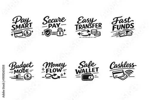 Digital payment concepts collection: pay smart, secure pay, easy transfer, fast funds