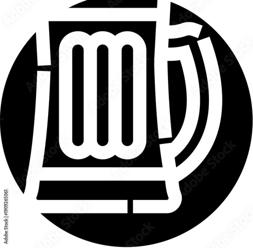 Black and white graphic icon representing a classic beer mug filled with frothy beverage, ideal for bars, pubs, or brewery themed designs emphasizing drinks and alcohol