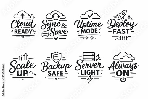 Cloud technology icons: sync, uptime, deploy, scale, backup, server