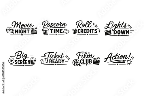 Movie night graphics for film lovers: fun cinematic icons and phrases