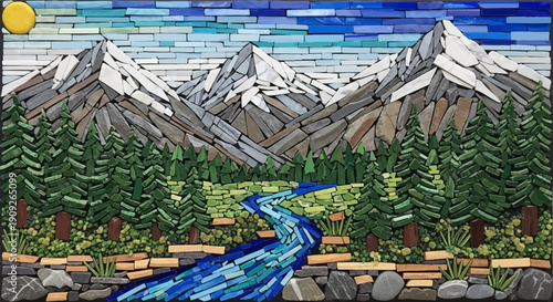 A mosaic depicts a sunlit mountain range with a winding river and evergreen trees