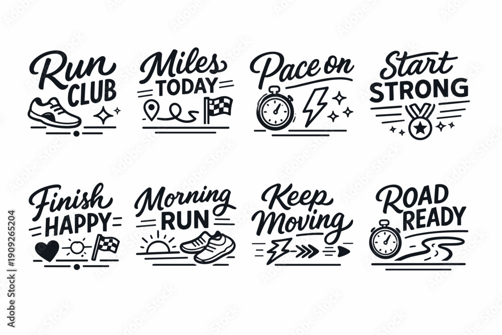 Fototapeta premium Running motivational quotes and icons set for fitness enthusiasts