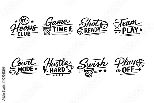 Basketball-themed typography: hoops, game time, team play, shot ready, court mode, hustle hard