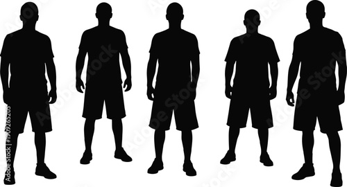 Male silhouettes standing, athletic men figures, casual clothing poses, black vector illustration, isolated on white background, modern design, minimal concept
