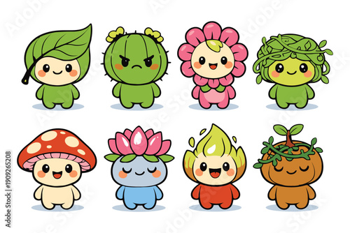 A group of cute cartoon characters with plant and flower heads on white background