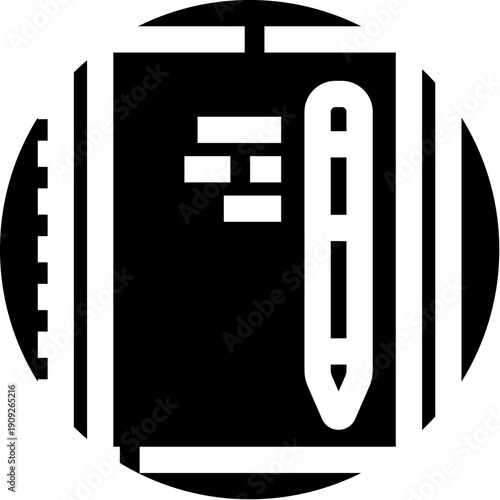 Notebook or journal with pen, creating an icon representing concepts of education, record keeping, creativity, study, documentation, and office supplies