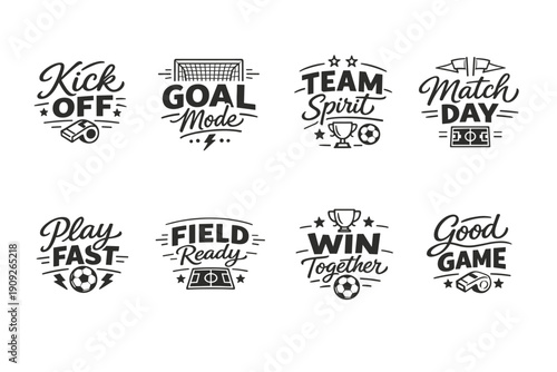 Soccer motivational phrases and icons set including kick off and goal mode designs