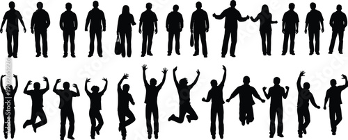 Male silhouette set showing standing jumping poses, active men collection isolated on white background for design projects